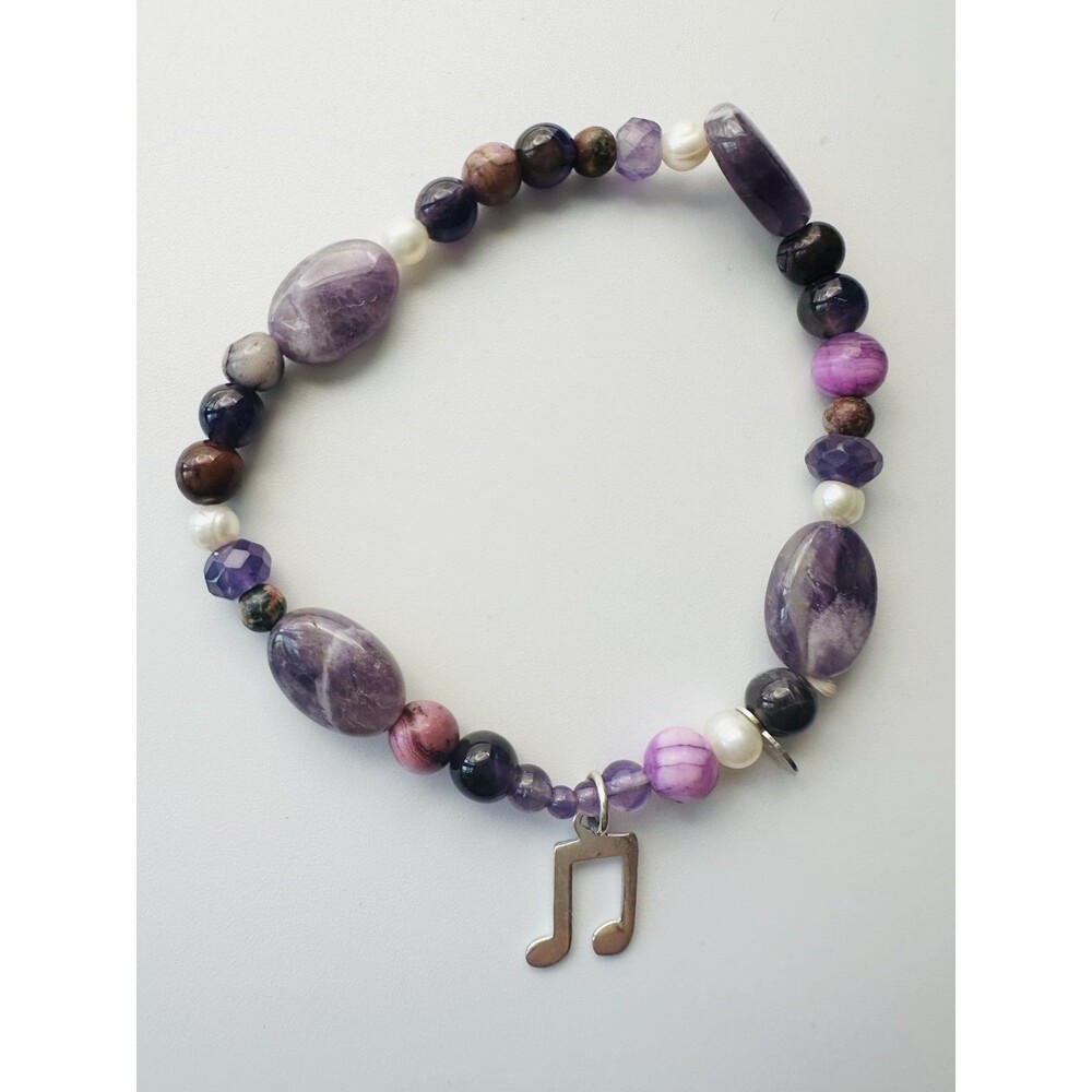925 Sterling Silver Amethyst Bead Stretch Bracelet 7.5”